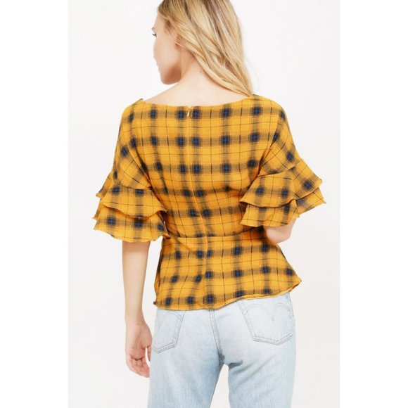 Mustard Plaid Check Ruffle Sleeves Wrap Tie Blouse - Picture 9 of 10